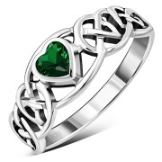 Celtic Knot Green CZ Heart Silver Ring, r537